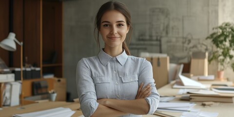 Professional Woman Confidently Standing in a Modern Office