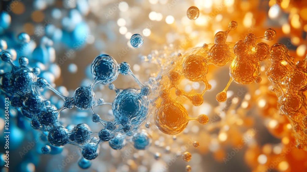 Poster abstract 3d illustration of orange and blue particles and fluid interactions, creating a dynamic flo