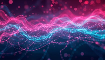 Glowing neon waves in pink and blue on dark background.