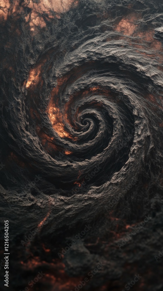 Poster dark smoke curling into an infinite spiral, blending softly into a misty void, surreal patterns of m