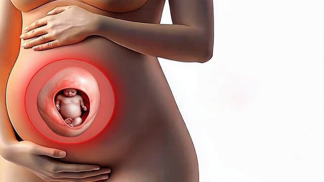 Realistic illustration of woman belly showing baby inside, symbolizing womb, pregnancy, gestation, amniotic life, and fetus visualization