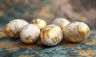 Decorative eggs with gold accents displayed on a textured surface for spring celebration