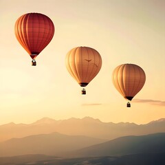 Obraz premium Three hot air balloons float above a serene landscape at sunset.