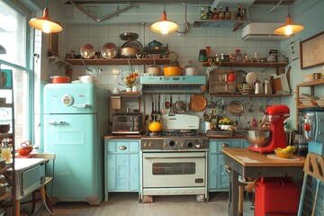 Illustration of A cluttercore-inspired kitchen where trendy, eclectic decor meets an abundance of colorful utensils, vintage appliances, and quirky trinkets. Ai Generate.
