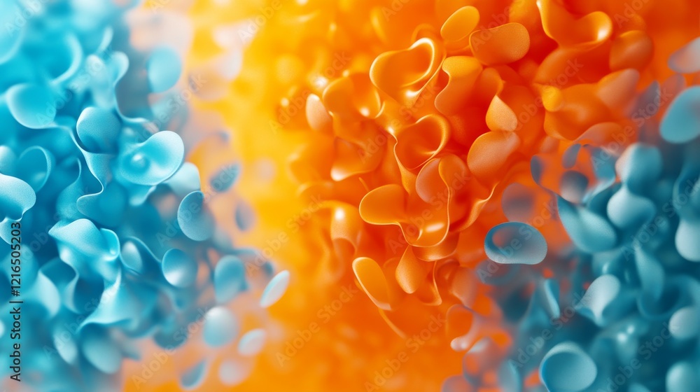 Poster abstract 3d illustration of orange and blue particles and fluid interactions, creating a dynamic flo