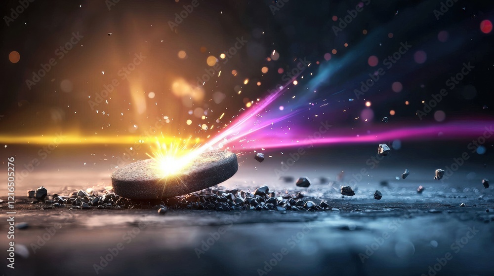 Poster dynamic collision energy release of a puck in a sci-fi environment abstract visualization dramatic l