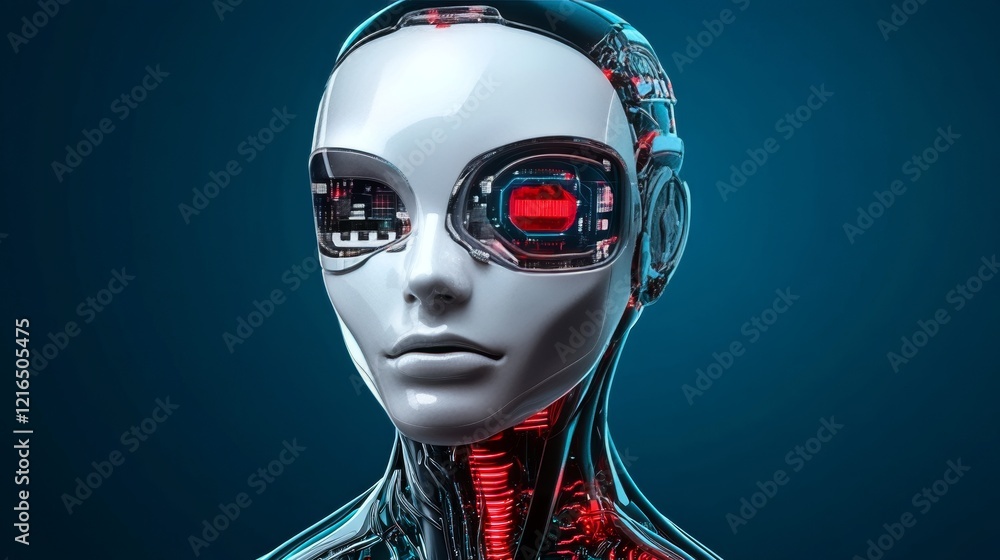 Poster advanced ai robot head, close up portrait. artificial intelligence and machine learning concept.