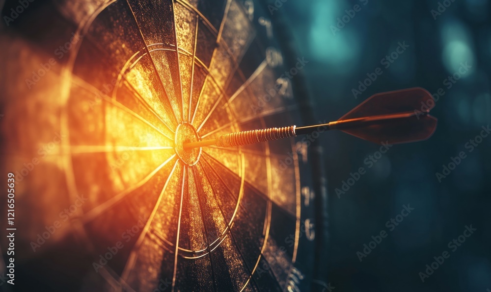Poster dart embedded in the bullseye of a dartboard, glowing with warm light against a cool, blurred backgr