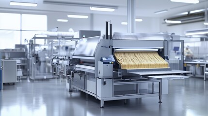 In factory, the automatic pasta machine churns out perfectly crafted fresh noodles, showcasing cutting-edge technology in food production.