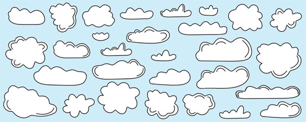 Large collection of white clouds of different shapes and sizes in doodle style. Hand drawn clouds on a blue background. Vector