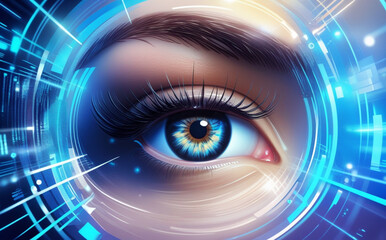 A close-up of the human eye is surrounded by digital graphics and blue light patterns, creating a futuristic and technological feel. Intricate details of the eye aid in identification. AI generated.