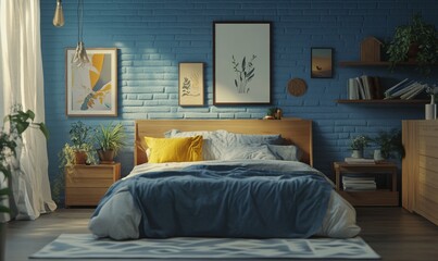mock-up of a poster frame in a hipster bedroom with a Scandinavian backdrop, utilizing llustration.