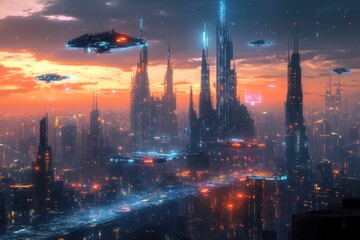 Fototapeta premium Futuristic cityscape with holographic projections illuminating the night sky, filled with sleek, glowing structures and flying vehicles
