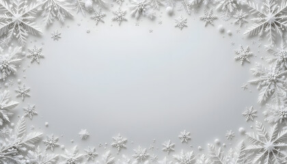 White background with decorative snowflakes placed around the frame, copy space in the center Concept: winter background, snowflakes design, Christmas decoration, festive border, seasonal frame