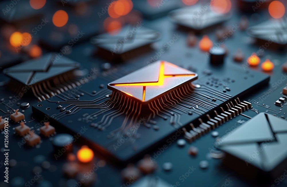 Aufkleber Closeup view of circuit board with glowing email symbol. Email automation process in marketing technology. Digital tech concept. Integrated circuit. Electronic mail system. Futuristic design.