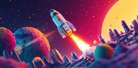 Naklejka premium Stylized Rocket Launching From Colorful Planet Surface