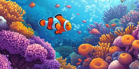 Obraz premium Vibrant Clownfish Swims Amidst Colorful Coral Reef