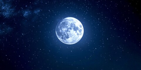 Obraz premium A stunning view of the full moon shining brightly in a clear night sky. Stars twinkle around it. This soothing image is perfect for all lovers of nature and celestial themes. AI