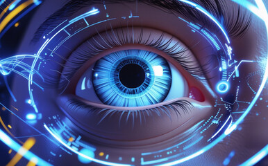 A close-up of the human eye is surrounded by digital graphics and blue light patterns, creating a futuristic and technological feel. Intricate details of the eye aid in identification. AI generated.