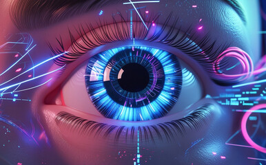 A close-up of the human eye is surrounded by digital graphics and blue light patterns, creating a futuristic and technological feel. Intricate details of the eye aid in identification. AI generated.