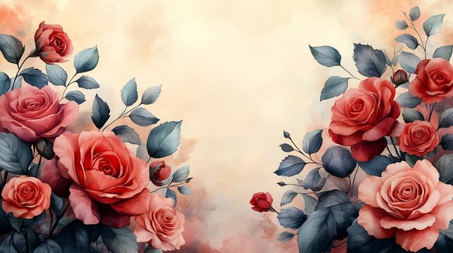 Charming Valentines event invitation titled Love in Bloom featuring a floral watercolor design a blank rectangle bordered with roses for adding personalized messages and romantic accents