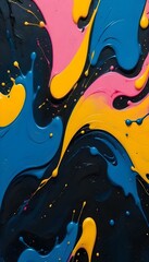Fondo de pantalla del teléfono Patrones arremolinados abstractos en colores vibrantes de azul, amarillo, rosa y negro, con salpicaduras y gotas que crean una composición dinámica y enérgica
