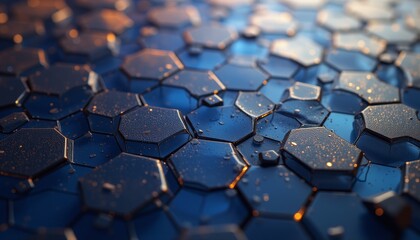 Obraz premium Wet hexagonal tiles with reflective golden lighting.