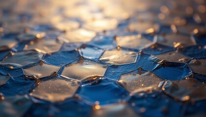 Wet hexagonal tiles with reflective golden lighting.