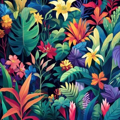 Vibrant Tropical Flowers and Lush Green Leaves