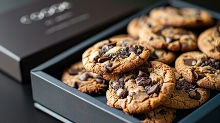 Chocolate chip cookies arranged in a box on a clean and minimal background.