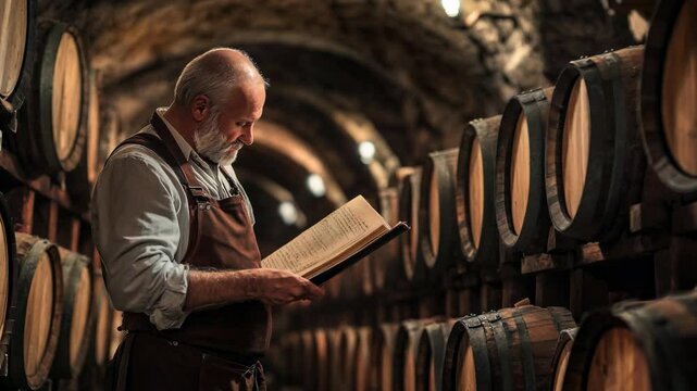 An experienced winemaker in a rustic cellar wearing an apron, carefully reading a ledger surrounded by wooden barrels under warm lighting