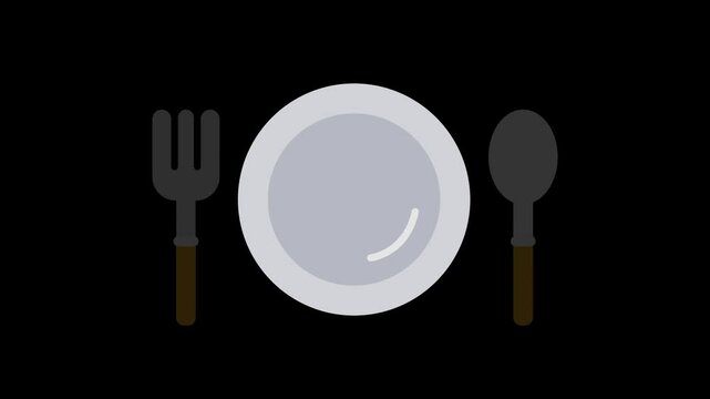 fork and spoon on plate, dinner plate, animated footage looping in alpha channel transparent background 