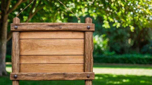 A wooden blank plate is located on a green nature background. Natural wood textures emphasize ecology and harmony with the environment.