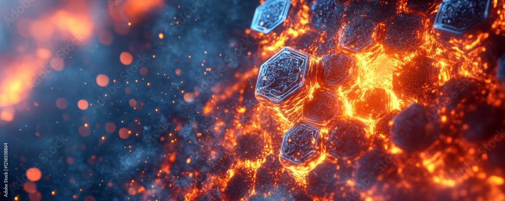 Poster digital cyberspace. information clusters. hexagons burning with flaming edges. 3d depiction of a fut