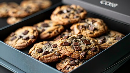 Chocolate chip cookies arranged in a box on a clean and minimal background.