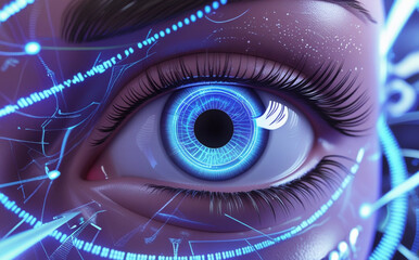 A close-up of the human eye is surrounded by digital graphics and blue light patterns, creating a futuristic and technological feel. Intricate details of the eye aid in identification. AI generated.