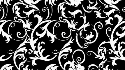 A decorative black and white floral pattern featuring intricate swirls and leaves.