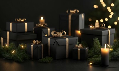 Elegant black gift boxes arranged with subtle lighting in a festive atmosphere
