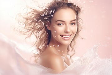 Radiant young woman smiling with glowing skin and flowing wavy hair. Sparkling water droplets and a soft pink background create a fresh, joyful vibe