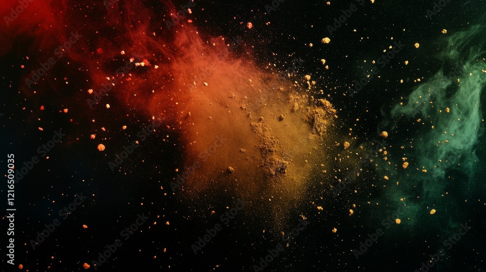 Wall mural abstract colored dust explosion on black background, vibrant powder splatter creating dynamic and co