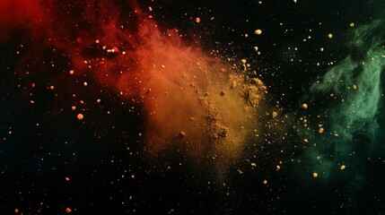 Abstract colored dust explosion on black background, vibrant powder splatter creating dynamic and colorful visual effects for creative design and artistic projects