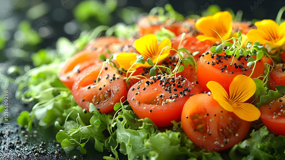 Wall mural Vibrant Tomato Salad with Nasturtium Blossoms and Microgreens