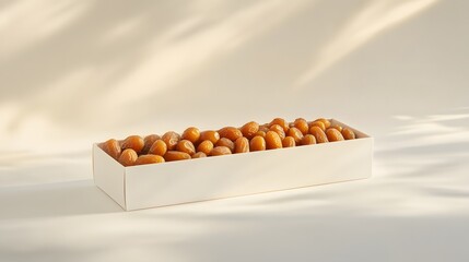 Medjool dates arranged in a white box with soft natural lighting.