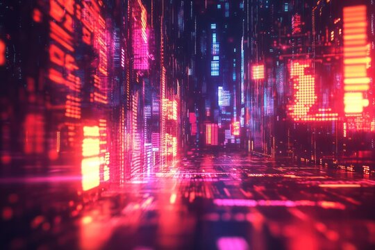 Futuristic error display with flickering lights, merging with glitch patterns and vibrant digital symbols