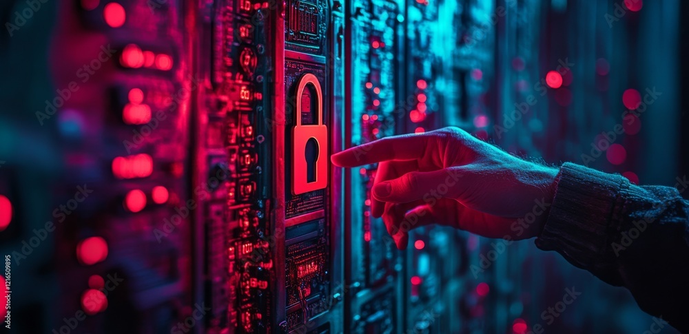 Poster cybersecurity concept highlighted by a hacked system and red broken padlock