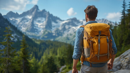 Male hiker backpack scenic view mountain range forest blue shirt yellow pack