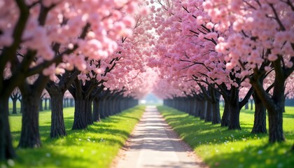 Naklejka premium Blossoming cherry trees line pathway. Pink blossoms fill alley creating serene spring scene. Sunlight bathes grass and pathway in tranquil ambiance. Perfect for springtime or sakura themed photo.