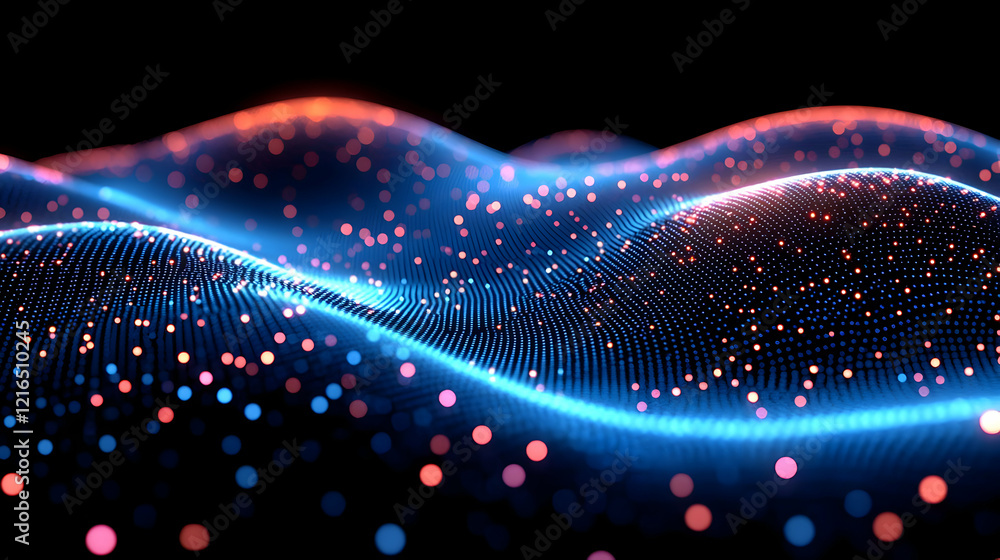 Poster abstract wave of glowing particles: blue and red light abstract background
