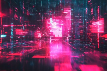 Futuristic error screen with digital noise, merging with glitch effects and vibrant, chaotic symbols