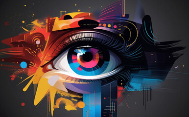 A close-up of the human eye is surrounded by digital graphics and blue light patterns, creating a futuristic and technological feel. Intricate details of the eye aid in identification. AI generated.